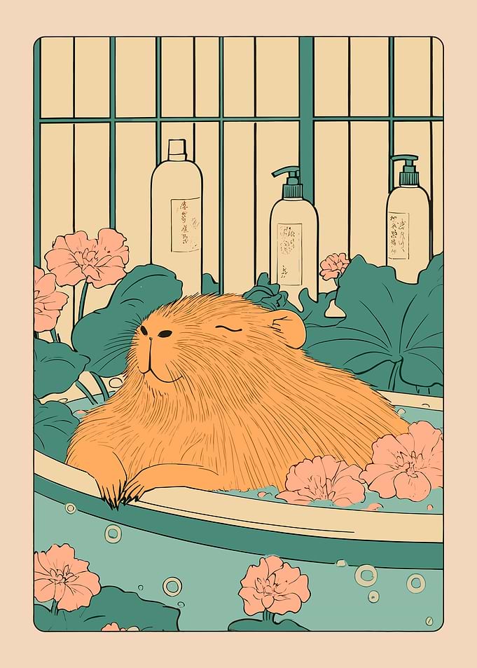 Capybara relaxing in a floral bath
