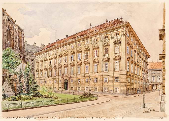 Watercolor painting of a historic European building