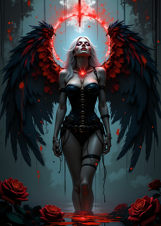 Gothic Angel with Red Wings and Roses