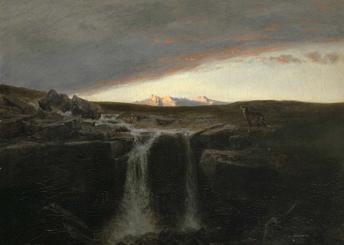 Deer by a Waterfall at Sunset