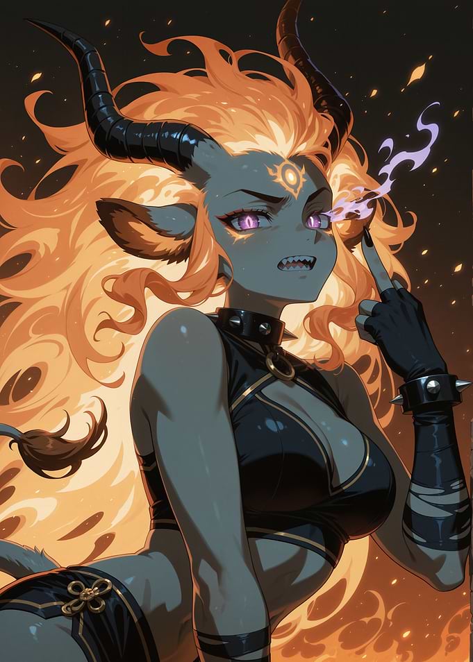 Fiery Demon Girl with Horns