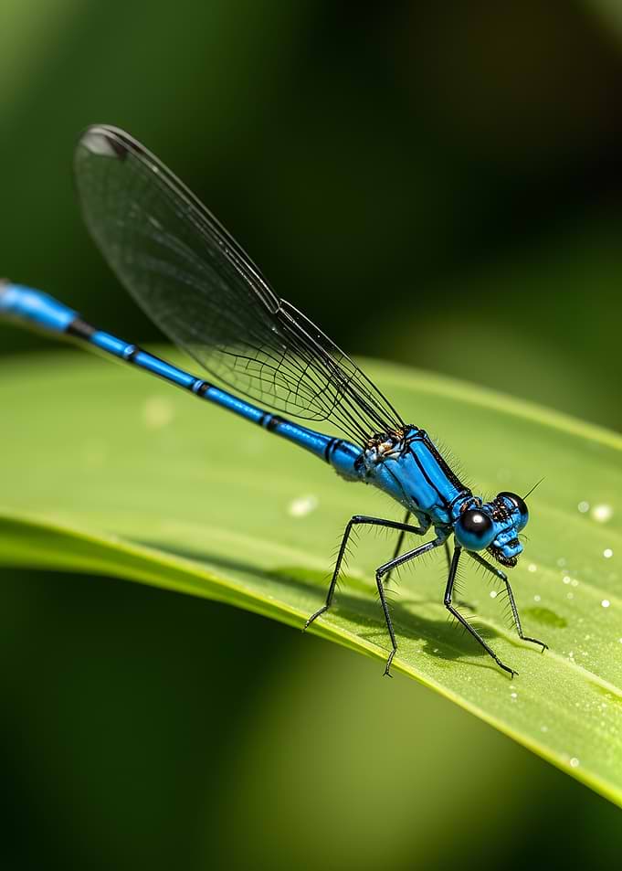 Blue Damselfly on Green Leaf