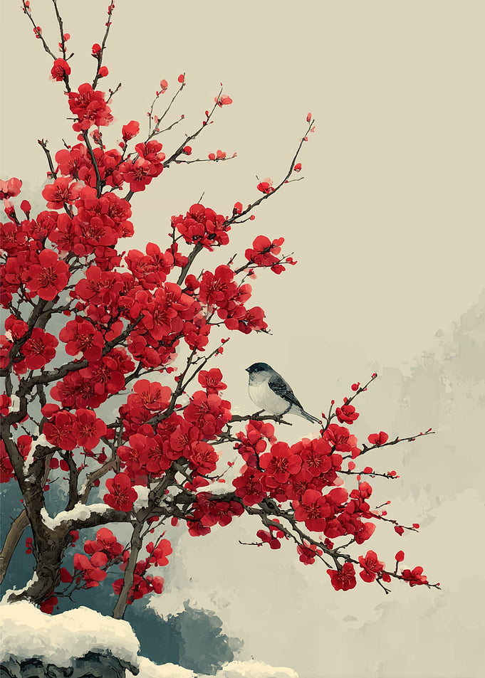 Bird on a blooming cherry blossom branch
