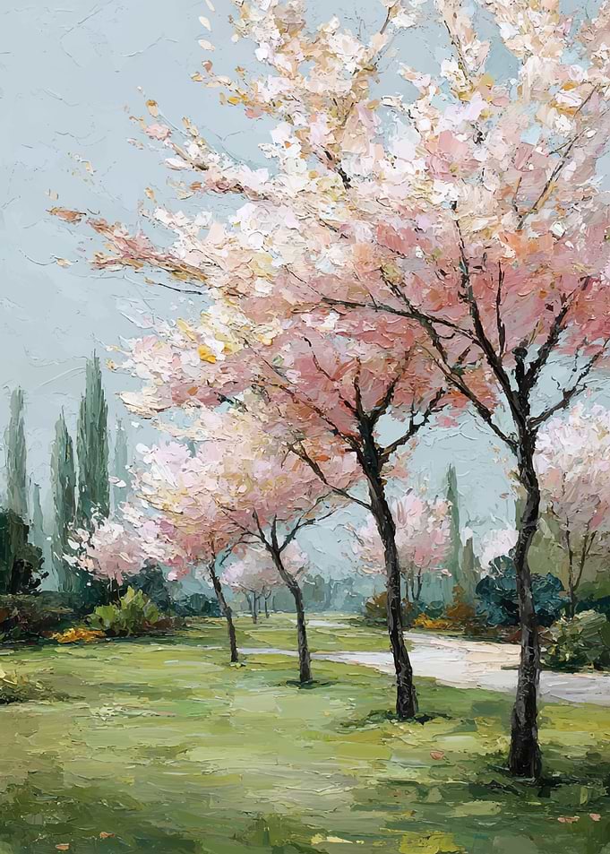 Impressionist Cherry Blossom Park Painting