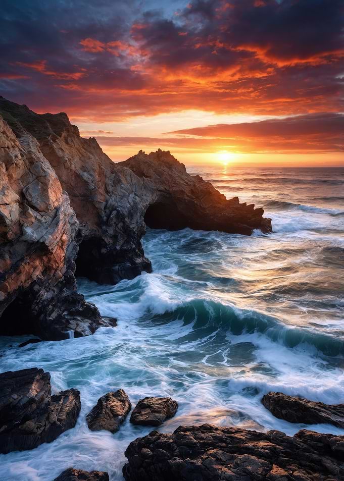 Dramatic Sunset Over Rocky Coastline