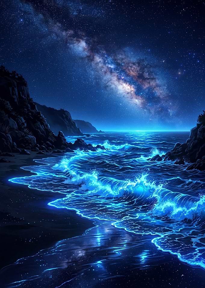 Bioluminescent Ocean Under the Milky Way
