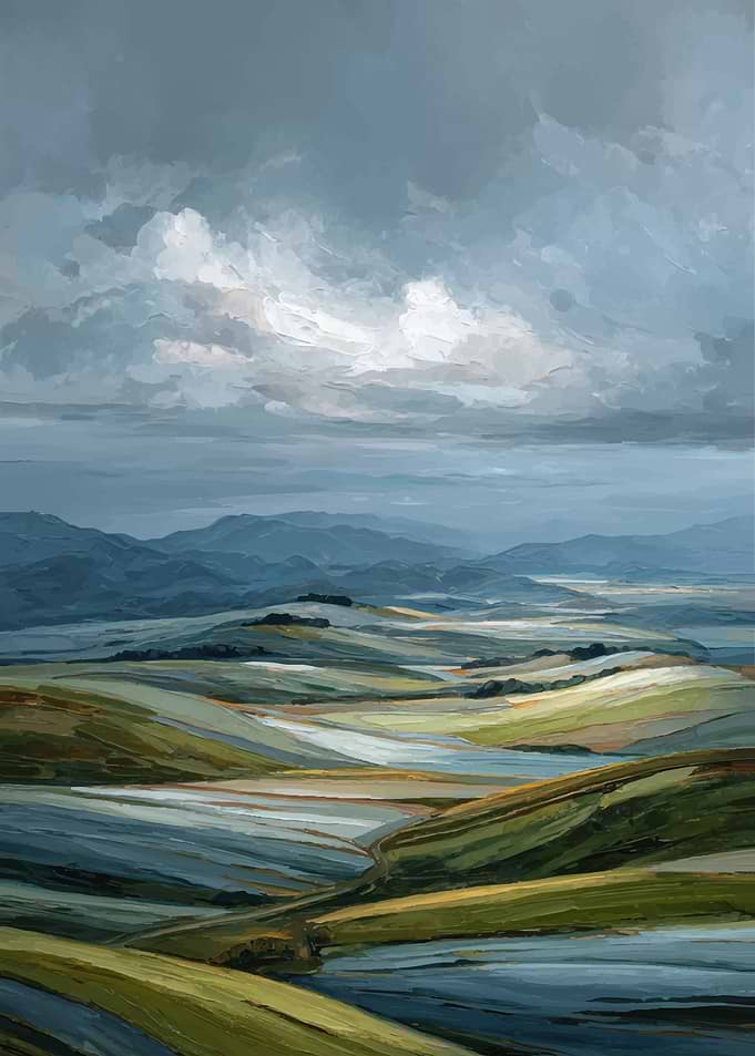 Impressionistic Landscape Under Cloudy Sky