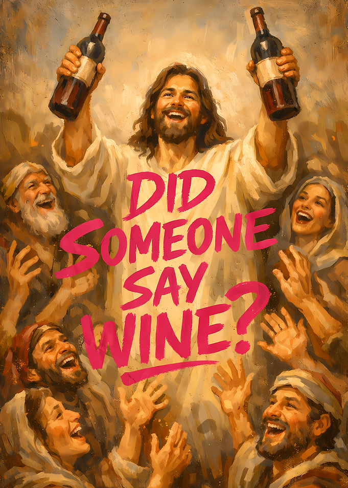 Jesus Holding Wine Bottles