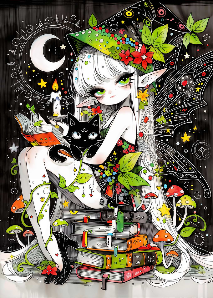 Cute Fairy Witch Reading with Black Cat