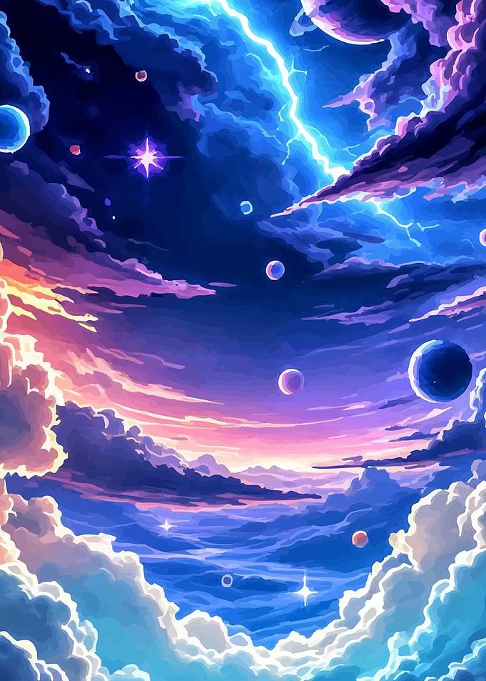 Cosmic Sky with Planets and Lightning