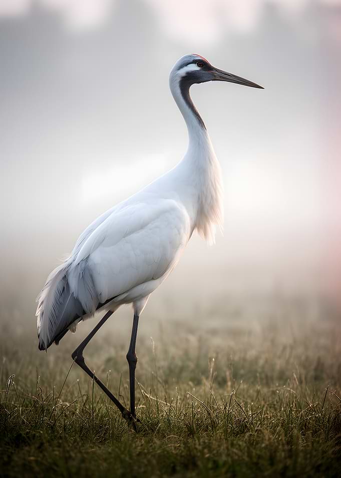White Crane in Misty Field