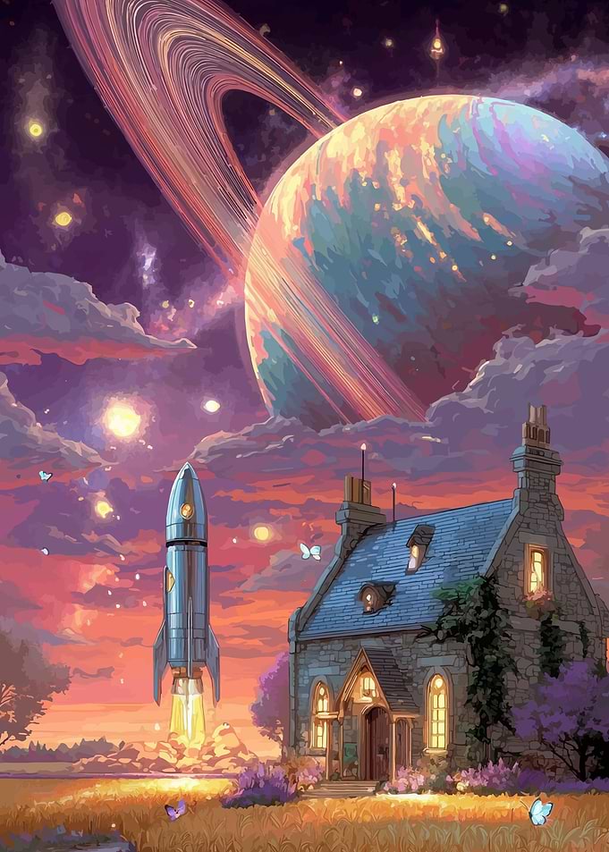 Whimsical Space House with Rocket Launch