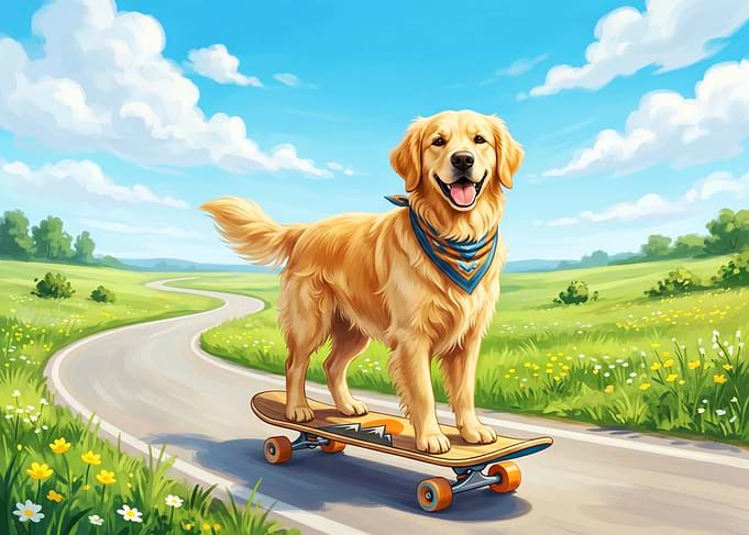 Golden Retriever on a Skateboard