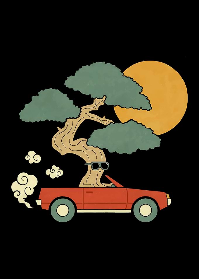 Bonsai Tree Driving a Convertible