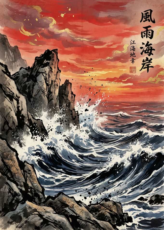 Stormy Seascape with Sunset