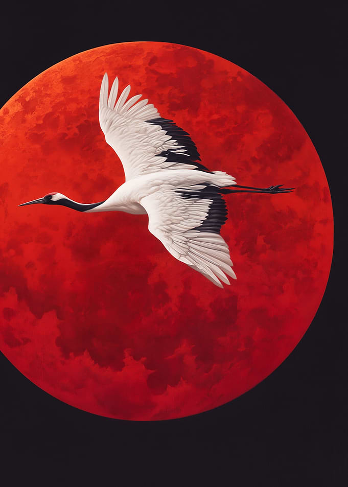 Crane flying in front of red moon