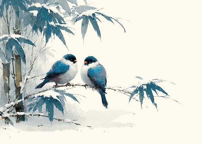 Two blue birds in snow