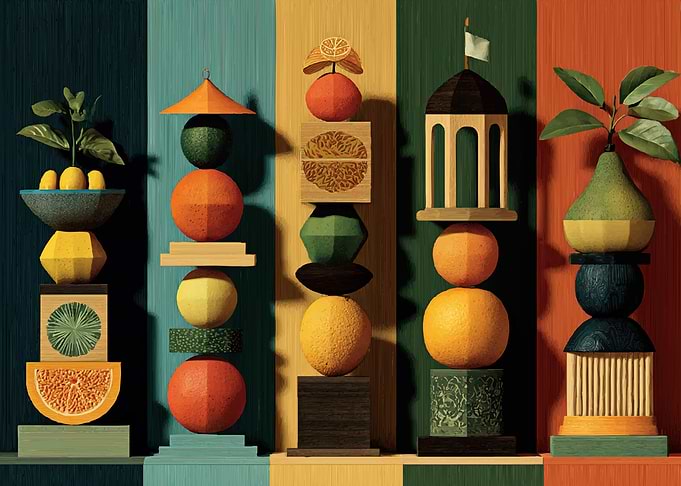 Stacked Fruits and Geometric Shapes