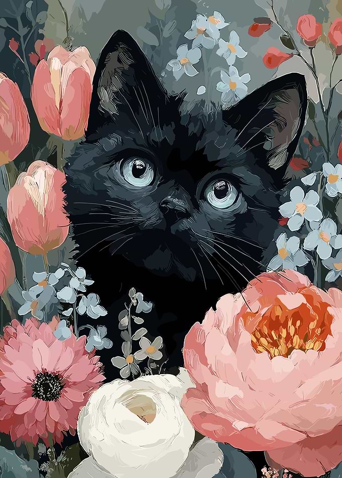 Black Cat Among Flowers