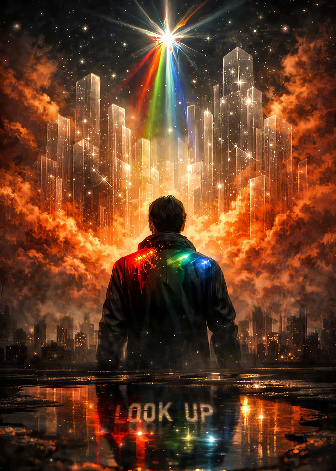 Man Looks Up at Rainbow Light in Cityscape