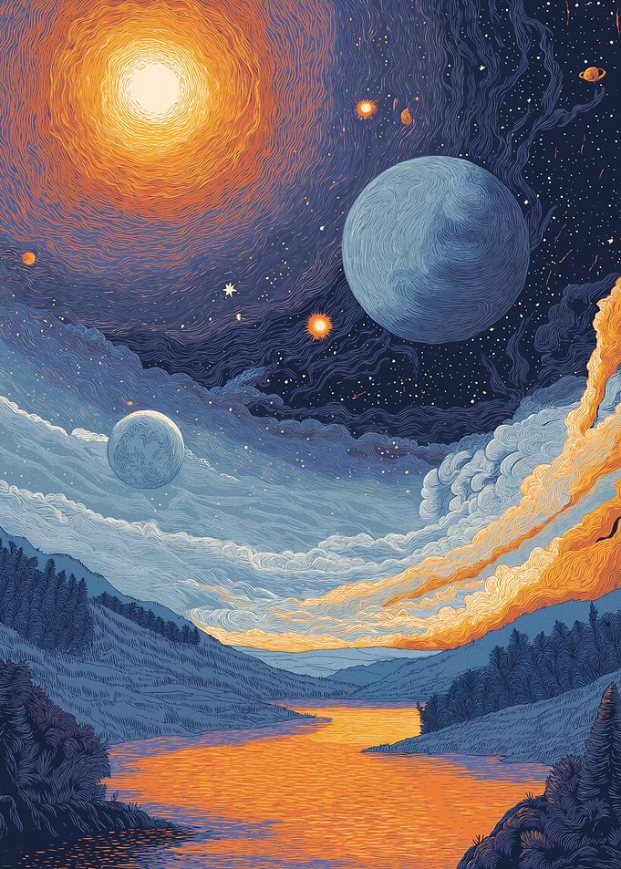 Cosmic Landscape with Planets and River