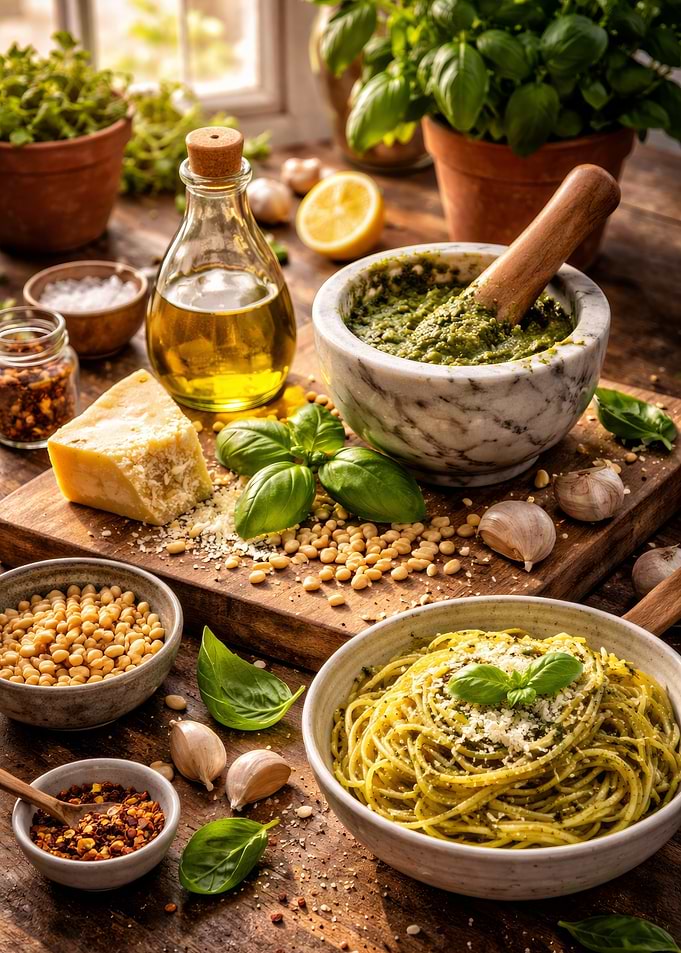Pesto Pasta Ingredients and Dish