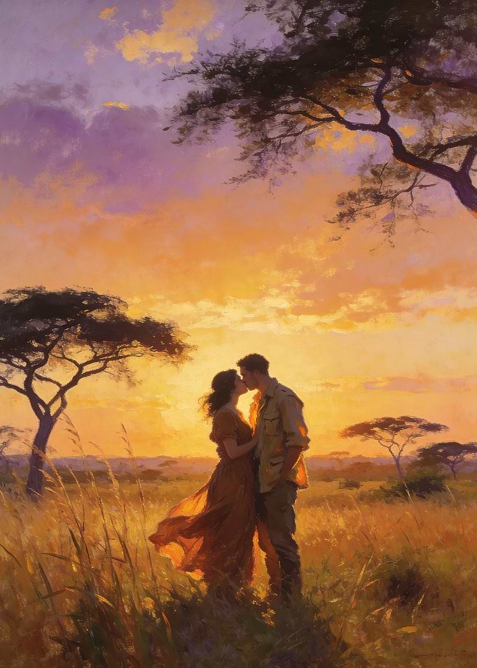 Couple kissing at sunset in savanna