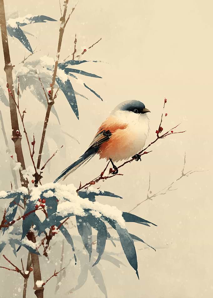 Bird on Snowy Bamboo Branch