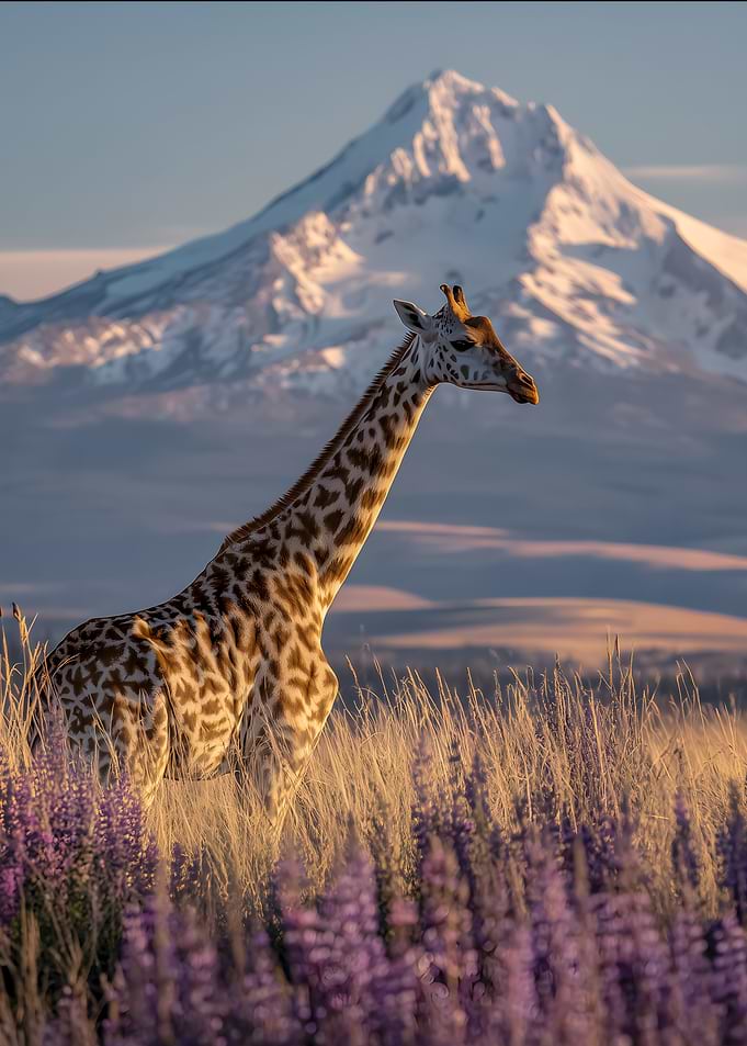 Giraffe in a field with mountains