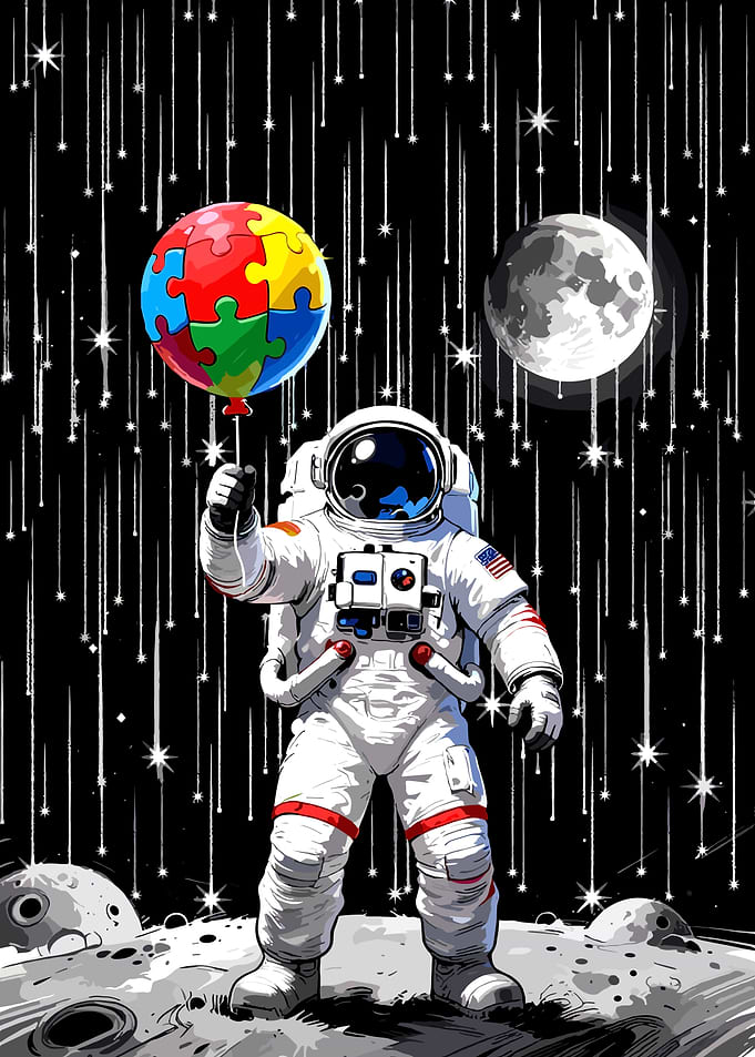 Astronaut Holding Autism Awareness Balloon on Moon