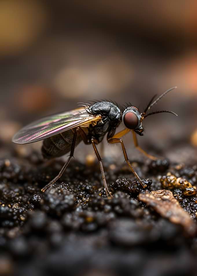 Macro shot of a fly on dark soil