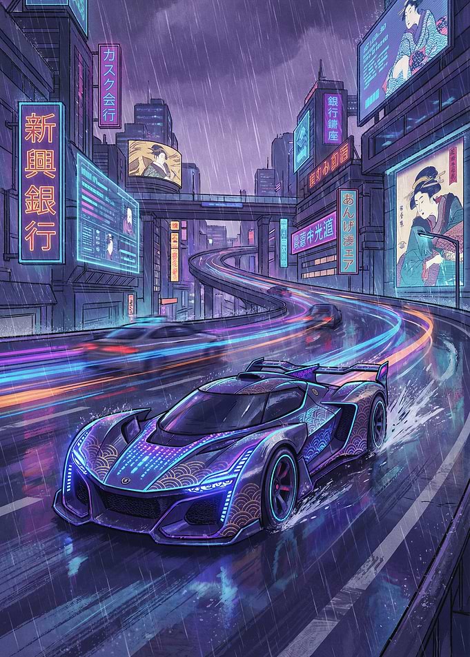 Cyberpunk Car in Rainy City