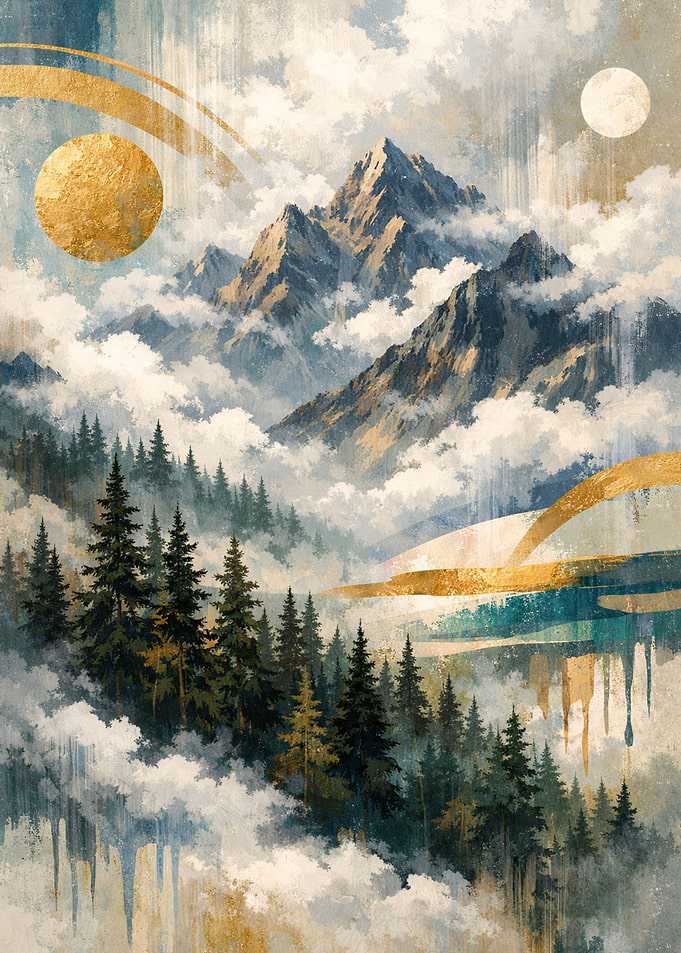Abstract Mountain Landscape with Gold Accents