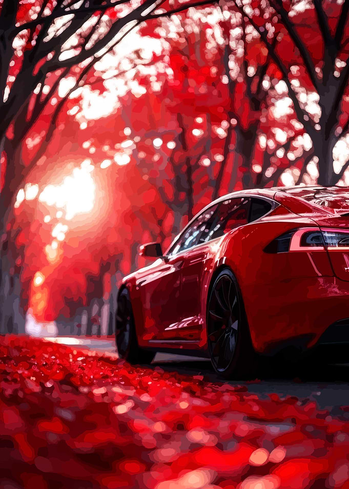 Red Car in Autumn Forest