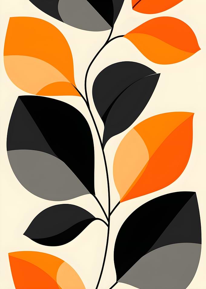 Abstract Floral Branch with Orange and Black Leaves