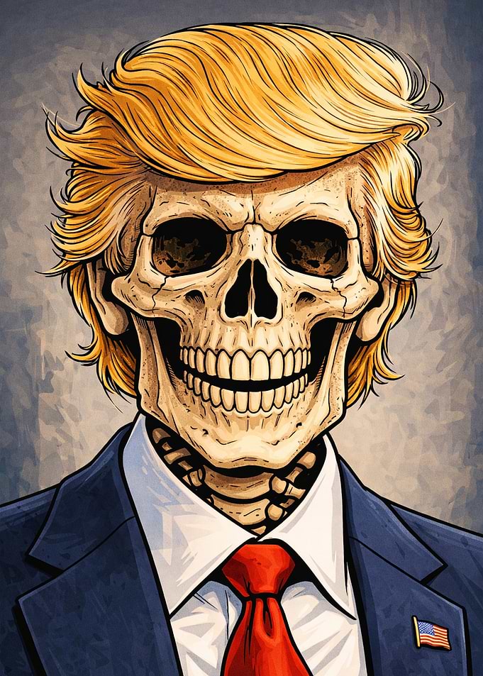 Skeleton in a Suit with Trump Hair