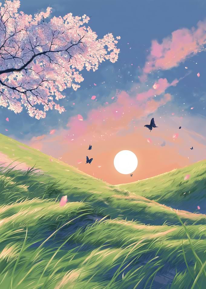 Anime Landscape with Cherry Blossoms and Butterflies