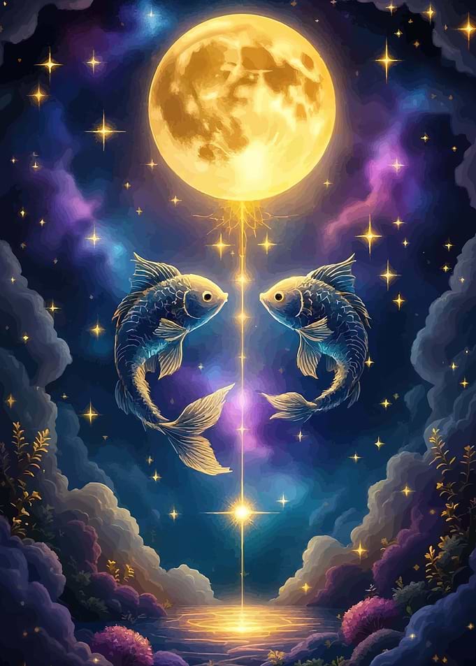 Pisces Zodiac Sign with Moon and Stars