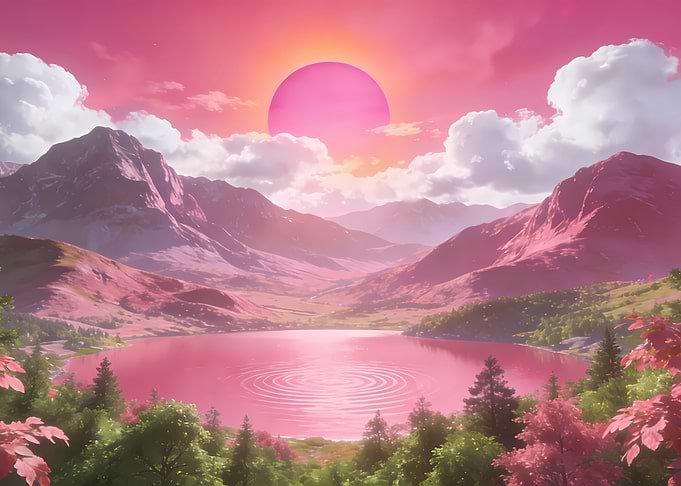 Surreal Pink Mountain Landscape with Lake