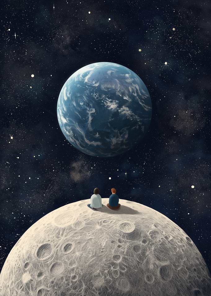 Couple on Moon looking at Earth