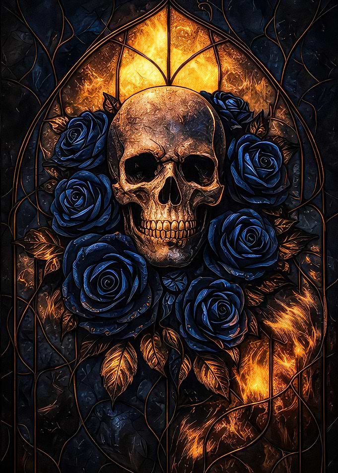 Gothic Skull with Blue Roses