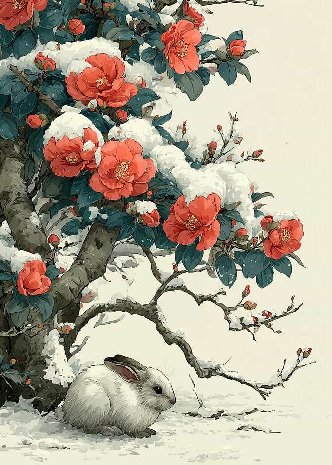 Rabbit in Snow with Camellias