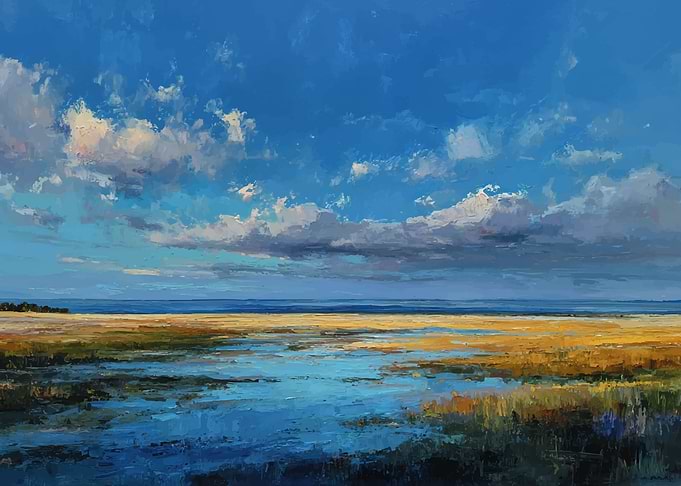 Impressionistic Marsh Landscape Under a Cloudy Sky