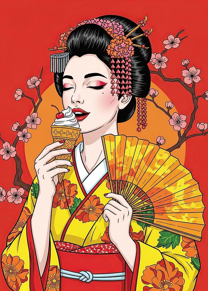 Geisha Eating Ice Cream with Fan