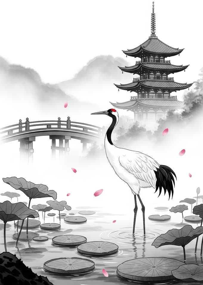 Crane and Pagoda in Misty Landscape