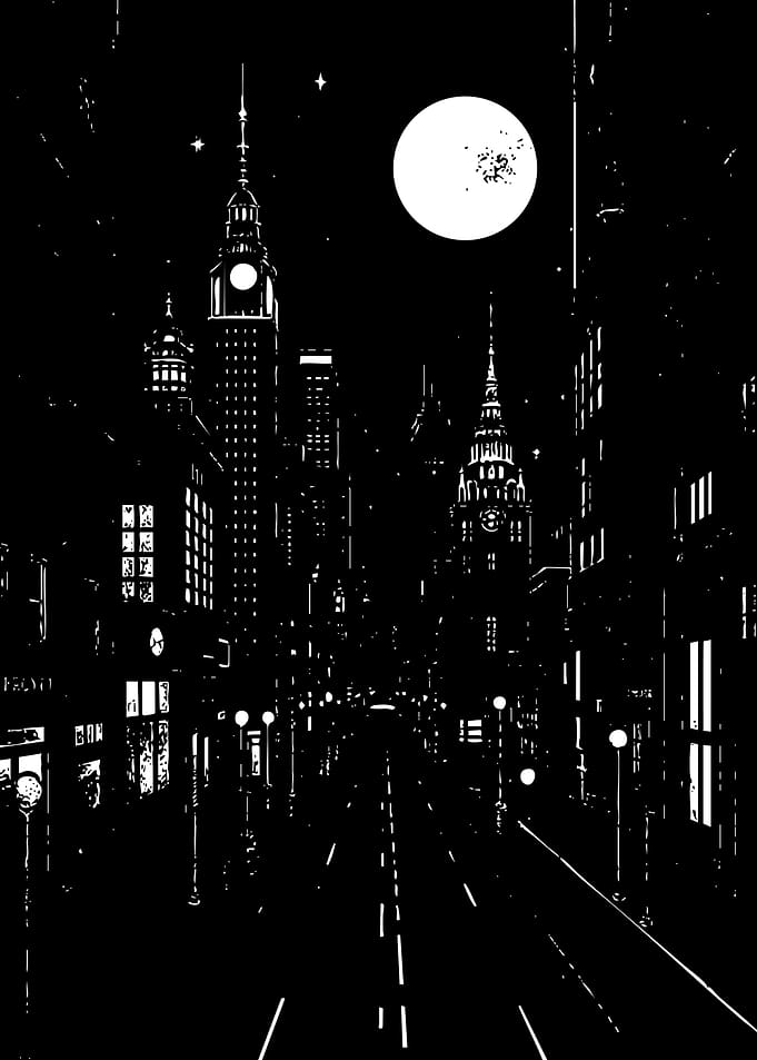Nighttime Cityscape with Full Moon