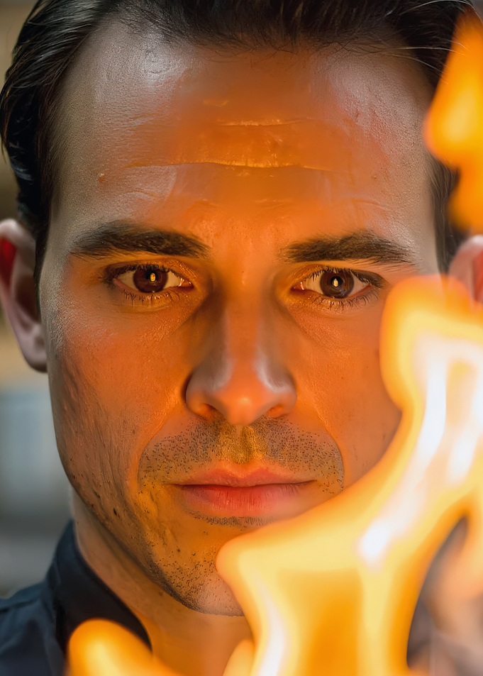 Man in front of fire