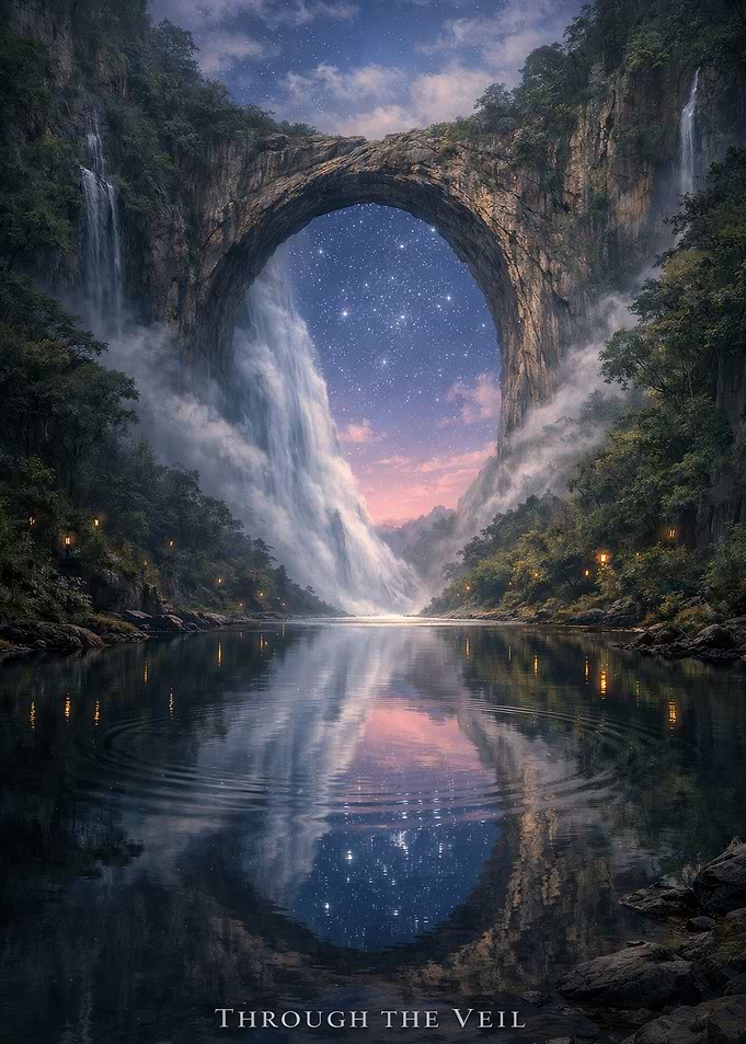Magical Waterfall Archway Under Stars