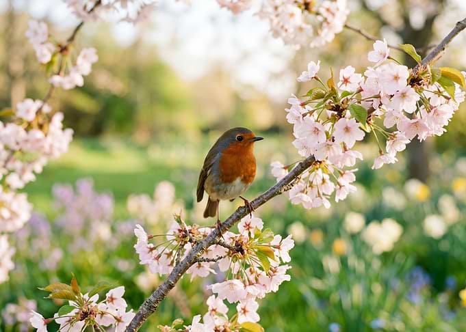 Robin on a cherry blossom branch