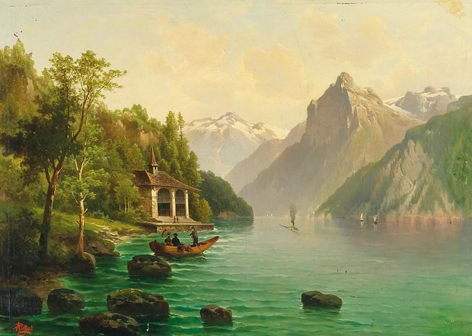Alpine Lake with Boat and Building